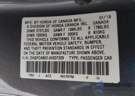 2018 Honda Civic Lx from USA, damaged, VIN 2HGFC4B01JH307309